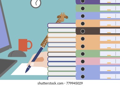 Workload, overworking represented by piles of binders, clock, and cup of coffee. The giraffe pen cap helps highlight the height of the piles.