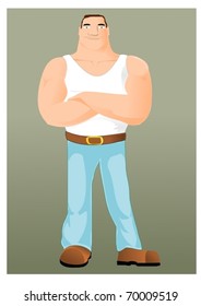 Workman in blue jeans and undershirt