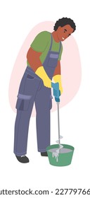 Workman builder in uniform mixing cement vector illustration isolated on white background. Construction worker using mixer to make tile mix. Tiling master at work concept