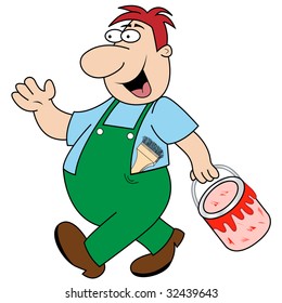 Workman cartoon character carrying a paint pot wearing his green overalls with paint brush stuck inside. Raster also available.