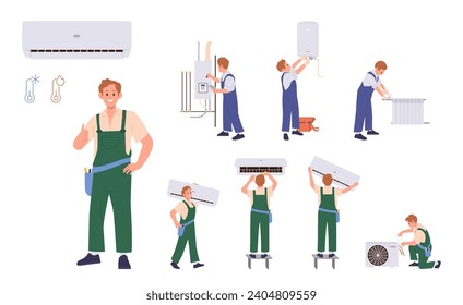 Workman cartoon character providing home heating, air conditioning maintenance professional service