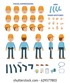 Workman character creation set. Various gestures, emotions, diverse poses, views. Create your own pose, animation. Simple style vector illustration