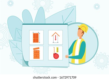 Personaje de trabajo en Hardhat y Uniform Presentando el Diseño para el Proyecto de Ingeniería con Diferente Información de Construcción. Proyección de ingeniería de Professional Builder. Ilustración de vectores planos de caricaturas