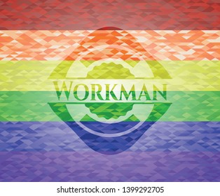 Workman emblem on mosaic background with the colors of the LGBT flag