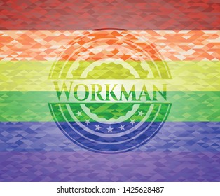 Workman emblem on mosaic background with the colors of the LGBT flag