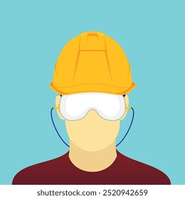 Workman Gesicht Charakter tragen Hardhat, Brille, und Ohrstöpsel Illustration. Industrie- und Bauarbeiten obligatorische persönliche Schutzausrüstung für die Sicherheit.