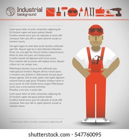 Workman in helmet and red overalls set of industrial tools on light background flat style vector illustration