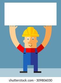 Workman  holding a blank sign. Flat style vector illustration