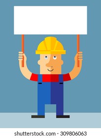 Workman  holding a blank sign. Flat style vector illustration