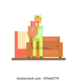Workman Holding Boxes With Sofa Behind 8-bit Abstract Primitive Flat Vector Illustration On White Background