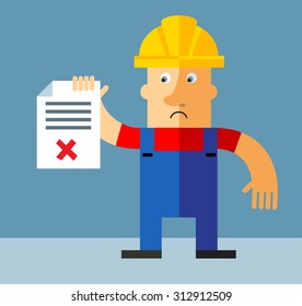 Workman  holding checklist with X sign.  Flat style vector illustration