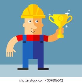 Workman  holding winning trophy.  Flat style vector illustration