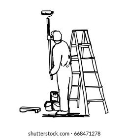 workman painting the wall with a roller with ladder - vector illustration sketch hand drawn with black lines, isolated on white background