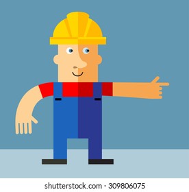 Workman pointing direction. Flat style vector illustration