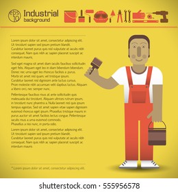 Workman in red overalls text and set of industrial tools on yellow background flat style vector illustration