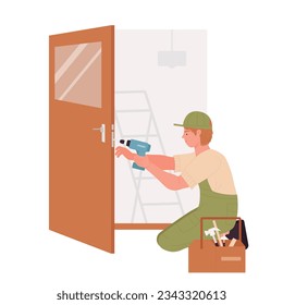 Workman repairing door. House renovation workers, renovation master vector illustration