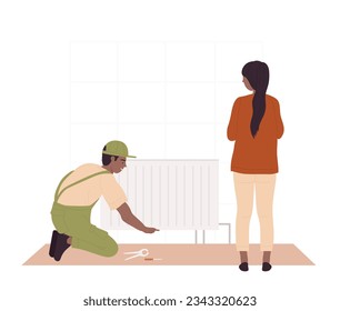 Workman repairing radiator. House fixing handyman, renovation service vector illustration