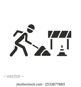 workman with shovel, road work icon, construction or maintenance, warning safety, flat vector illustration