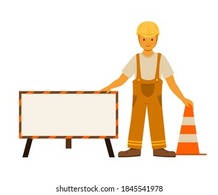 Workman is Standing with a Beware Sign Board and Traffic Cone for the Wallpaper of Reconstruction.