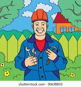 Workman with tools in the beautiful green garden