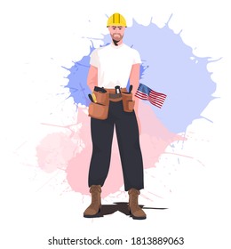 trabajador uniformado con bandera de los EE.UU. celebración del día laboral concepto trabajador de la construcción de pie plantea ilustración vectorial completa