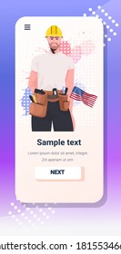 workman in uniform with USA flag labor day celebration concept construction worker on smartphone screen vertical copy space portrait vector illustration