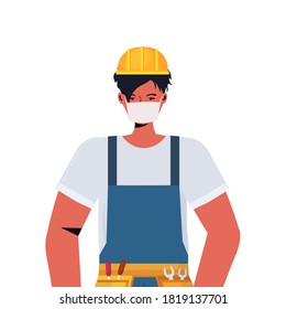 workman in uniform wearing mask to prevent coronavirus pandemic labor day celebration concept construction worker portrait isolated vector illustration