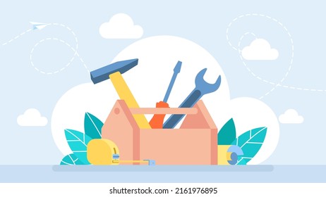 Workman's toolkit. Toolbox with instruments inside. Tool chest with hand tools. Workbox in flat style. Set building tools repair. Hammer, screwdriver, tape measure. Vector business illustration