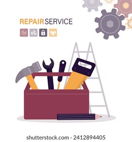 Workman's toolkit. Toolbox with instruments inside. Tool chest with hand tools. Metal workbox, set building tools repair. Hammer, screwdriver, saw, pliers and wrench. flat vector illustration