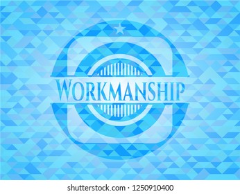 Workmanship realistic light blue emblem. Mosaic background