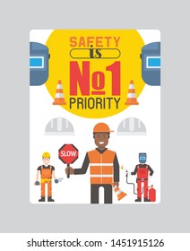Workmen builders and engineers with tools or equipment poster vector illustration. Workers in hardhats and working uniform hold road signs. Safety is number one priority.