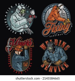 Workmen colorful vintage emblems set with inscriptions, car painter in hazmat suit holding spray gun, city handyman in hardhat using screwdriver, miner with pickaxe, welder in metal mask using