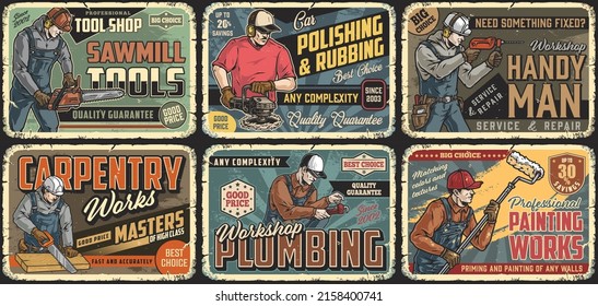 Workmen colorful vintage posters collection with inscriptions, sawmill worker with chainsaw, car polisher using buffing machine, builder with drill, carpenter sawing board, plumber holding pipe wrench