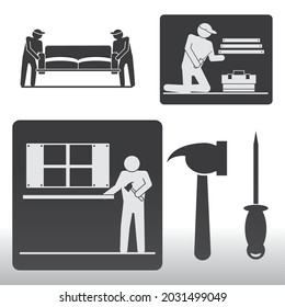 workmen installing and tools icon set