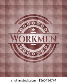 Workmen red emblem or badge with geometric pattern background. Seamless.