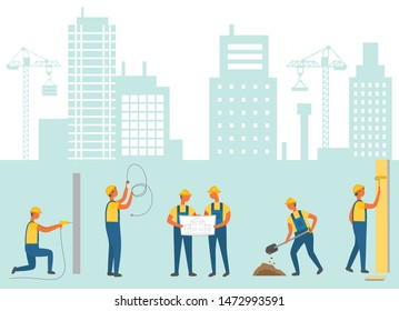 Workmen team working on construction of new buildings and skyscrapers vector. Engineers with plan on paper, man with ladder and hammer, male with shovel