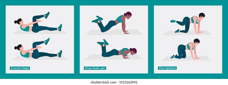 Workout 3 set exercises, Women workout fitness, aerobic and exercises. Vector Illustration.