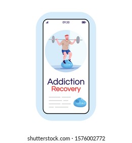 Workout addiction social media post smartphone app screen. Mobile phone display with cartoon character design mockup. Gym addict treatment, obsession recovery application telephone interface