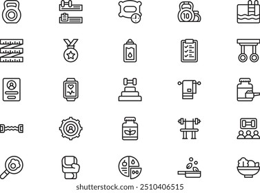 A coleção de ícones de aplicativo de treino é uma ilustração vetorial com traçado editável.
