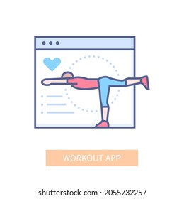 Aplicación de entrenamiento - icono de diseño de línea moderna sobre fondo blanco. Imagen detallada y clara del hombre realizando ejercicios para estirar músculos usando un programa de entrenamiento en línea en su computadora. Atención de salud