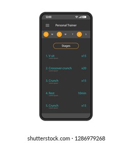 Workout app smartphone interface vector template. Mobile fitness application page black design layout. Sport tracker screen. Personal trainer flat UI. Phone display with physical exercises types