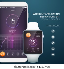 Workout application design concept for all devices with tab bar icons flat vector illustration