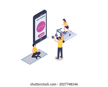 Workout application isometric vector concept. Group of people doing exercise with training plan on workout apps