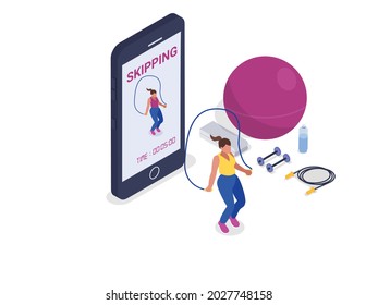 Workout application isometric vector concept. Woman jumping with a skipping rope and workout apps on smart phone