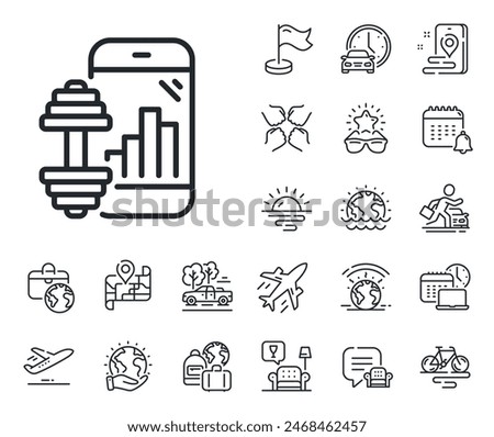 Workout application sign. Plane jet, travel map and baggage claim outline icons. Fitness app line icon. Gym fit dumbbell symbol. Fitness app line sign. Car rental, taxi transport icon. Vector