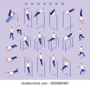 Workout Boy Set. Fitness Exercise In The Gym And Outdoors. People On The Parallel Bars And Horizontal Bar. Healthy And Active Lifestyle. Isometric Icons On Isolated Background