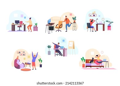 Salto de entrenamiento. Los trabajadores se estiran en el escritorio de la computadora, ejercicio de gimnasia de síndrome de oficina en el lugar de trabajo, meditación de yoga casa entrenamiento de fitness caricatura ilustración vectorial. Formación profesional para trabajadores