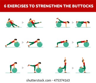 WORKOUT FOR THE BUTTOCKS with fitness ball. Fitness, Aerobic and workout exercise in gym. Vector set of workout icons in flat style isolated on white background. Fitness ball.