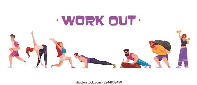 Workout cartoon icons set with males and females doing sports isolated vector illustration