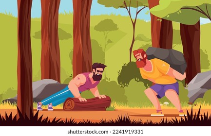 Afiche de caricatura de entrenamiento con hombres atléticos fuertes levantando pesas afuera ilustración vectorial